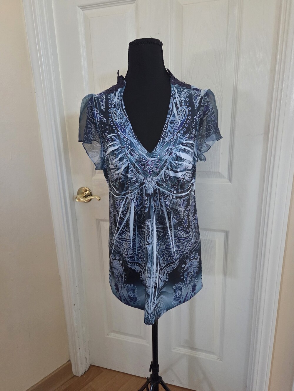 Blue y2k whimsical paisley print top with sheer sleeves and embroidered back Lg.